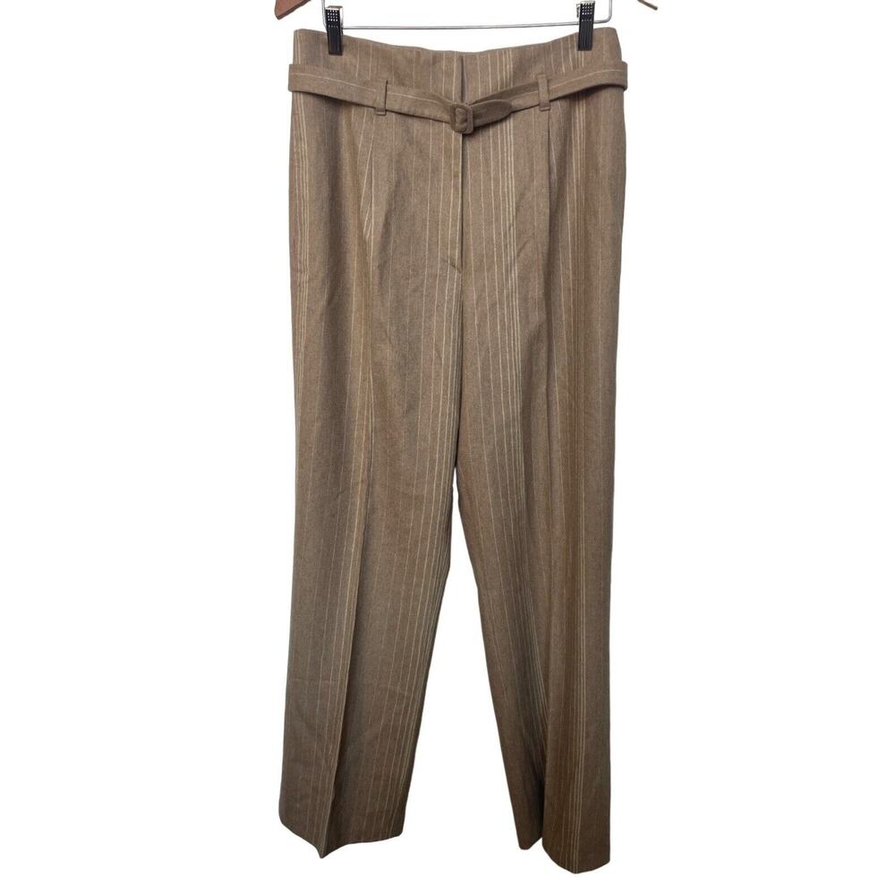 Zanella Wool Pinstripe Belted Straight Leg Trouser Pants Made in Italy Tan Sz 8/